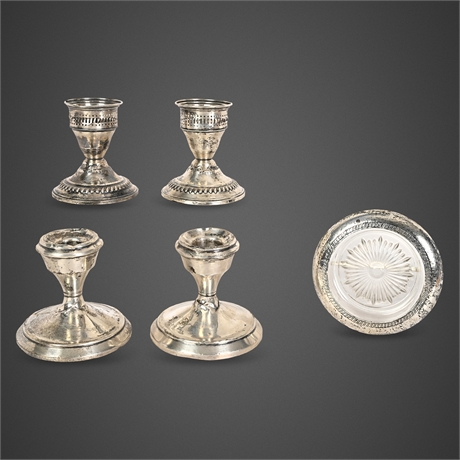 Sterling Weighted Candlesticks 4pc + Coaster — A.S. Co., N.S. Co., Laben