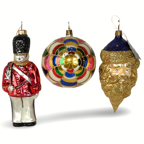 Set of 3 Vintage Whitehurst Hand-Painted Blown Glass Ornaments