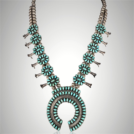Navajo Sterling Silver & Natural Turquoise Cluster Squash Blossom Necklace, Sign