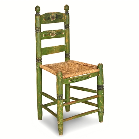 Mexican Folk Art Ladder-Back Chair — Green, Hand-Painted Floral, Rush Seat