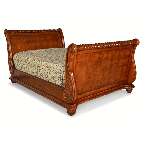Knotty Pine Queen Sleigh Bed — Rope-Twist Crest, Diamond Parquetry
