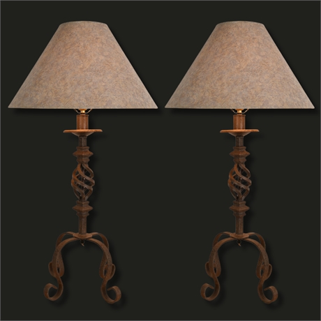 33" Pair of Hand-Forged Iron Table Lamps, Twisted Bases, 3-Way Light