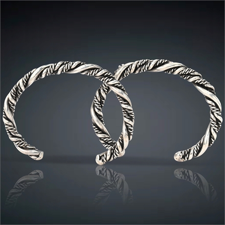 Pair Vintage Sterling Silver Braided Twisted Rope Cuff Bracelets