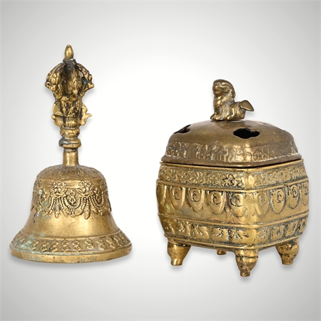 Cast Brass Foo Dog Incense Burner & Ritual Bell