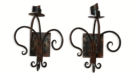 Pair Hand Wrought Iron Wall Sconces