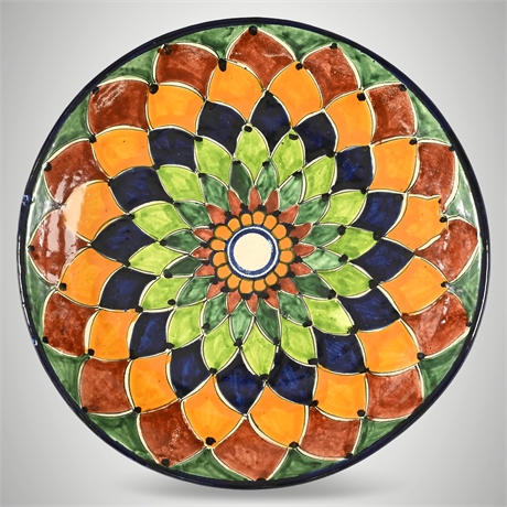 Talavera Mexican Pottery Plate – Hand Painted Geometric Floral, 15" Wall Display