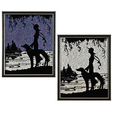 Pair Art Deco Reverse-Painted Foil Silhouettes —Flapper & Borzoi at Water's Edge
