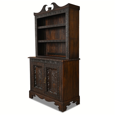 Late 19th C. English Jacobean Revival Carved Tiger Oak Hutch – Gothic-Inspired,