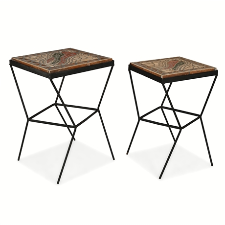 Pair of Mid-Century Iron Tables with Removable Chile Tile Mosaic Tops