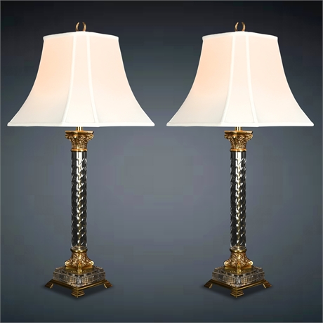 Ethan Allen Crystal & Brass Corinthian Column Table Lamps -A Pair