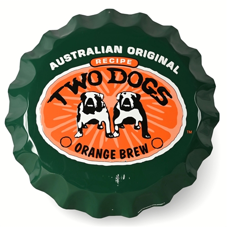 Vintage 1996 Two Dogs Orange Brew Bottle Cap Sign – 22” Metal Bar Decor