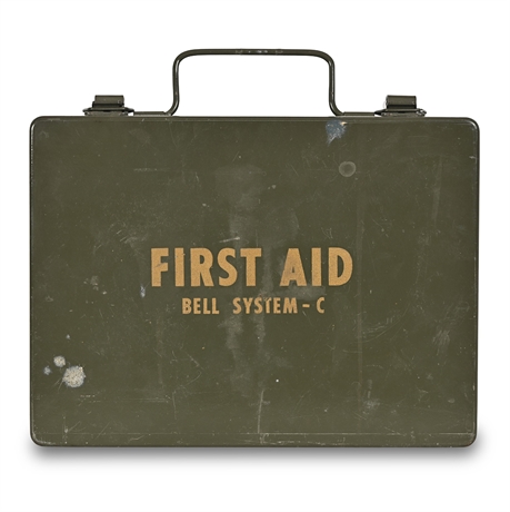 Bell System-C First Aid Kit, Unused — Olive Drab Steel Case w/ Original Contents