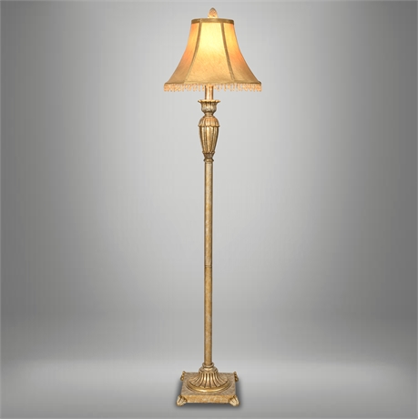 5' Neoclassical Gilt Floor Lamp with Beaded Shade