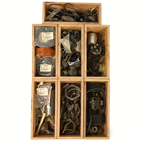 7 Wooden Crates of Assorted Mechanical Parts – Springs, Wiring, and More