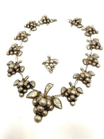 Sterling Silver Vintage Grape Cluster Necklace and Ring Set