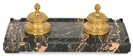 Antique French Black Marble and Gilt Bronze Double Inkwell