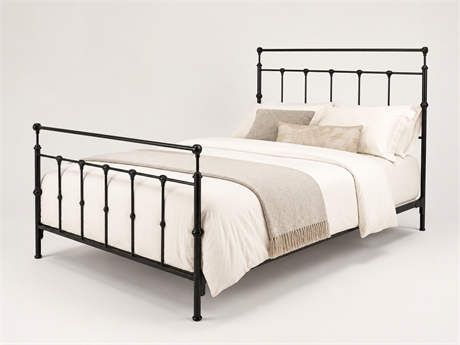 Victorian-Revival Black Steel Queen Bed with Spindle Panels & Support Frame