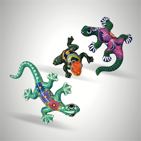 Talavera Trio of Playful Painted Wall Lizards