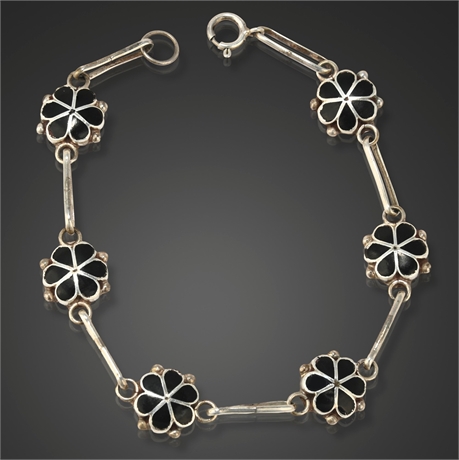 Sterling Silver Black Onyx Clover Link Bracelet 8" Vintage
