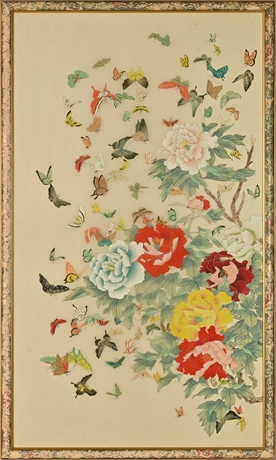 Chinese School 'Butterflies among Flowers' Watercolor