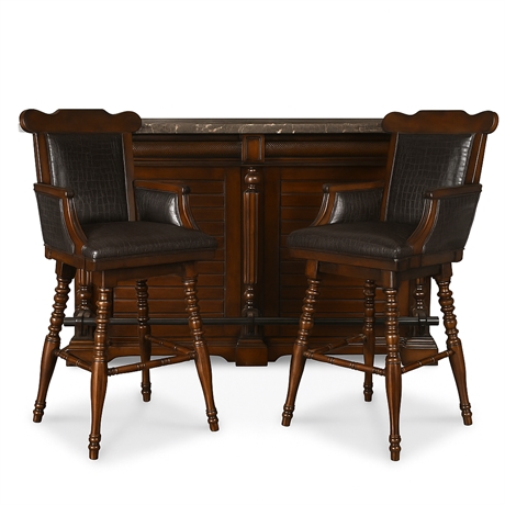 Classic Stone-Top Bar with Storage & Two Swivel Bar Stools