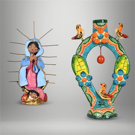 C. Panduro Virgen de Guadalupe & Mexican Folk Art Tree of Life Candlestick