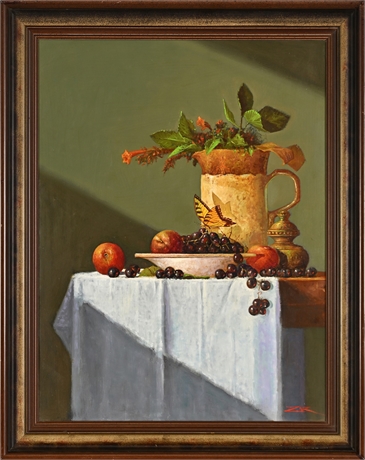 James Zar Hyperrealist Still Life — Pitcher, Grapes & Tiger Swallowtail