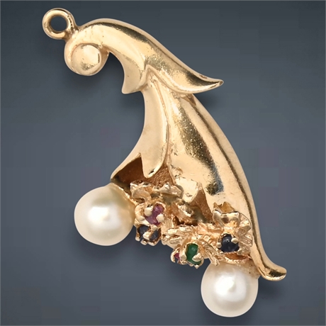 Mid-Century 10K Yellow Gold Cornucopia Pendant with Pearls and Gemstones