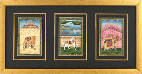 Rajasthani Miniature Triptych — Camel, Horse & Elephant, Framed