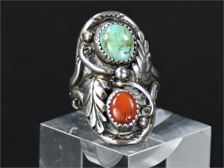 Vintage Navajo Turquoise & Coral Ring Size 8