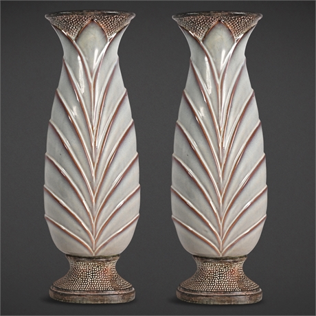 20" Pair of Art Deco–Style Ceramic Vases – Leaf Relief Design