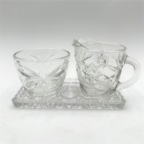 Vintage Clear Pressed Glass Creamer & Sugar Set with Tray
