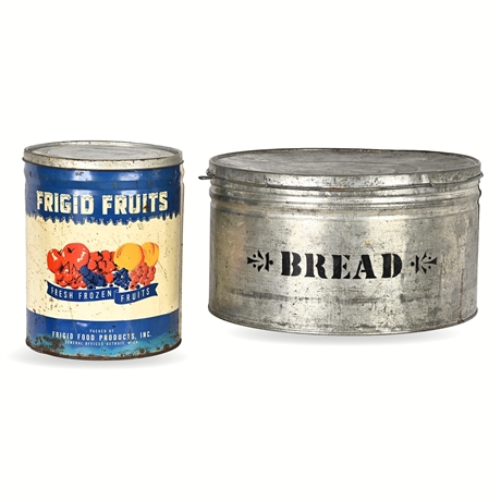 Frigid Fruits Frozen Fruit Tin & Large Stenciled Bread Tin, Steel c.1950s–60s
