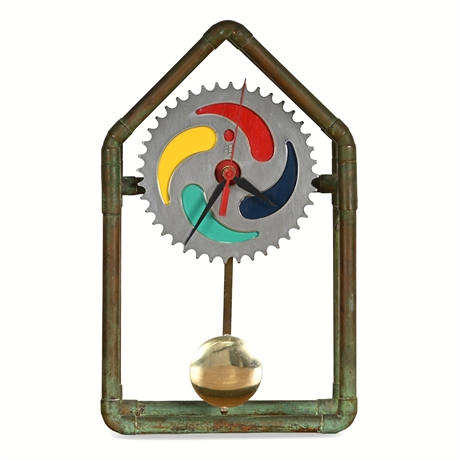 Industrial Bicycle Sprocket Pendulum Clock — Verdigris Copper Pipe Frame