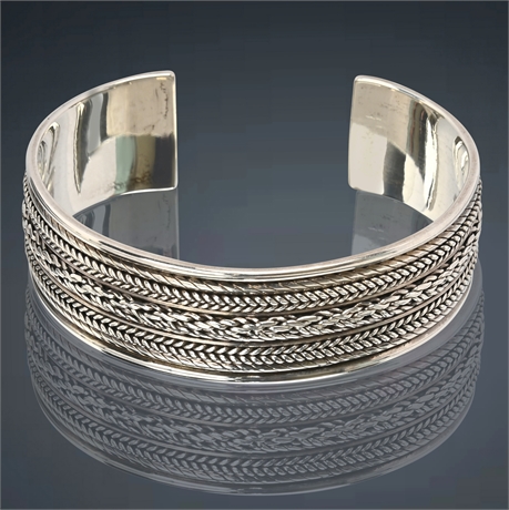 Braid and Rope Motif Sterling Silver Cuff Bracelet