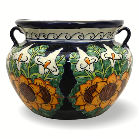 Large Hand-Painted Talavera Pot – Sunflower & Calla Lily Design