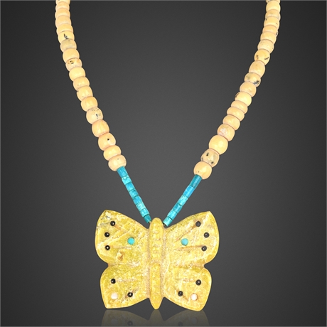 Zuni Butterfly Fetish Necklace – Yellow Shell Pendant, Turquoise