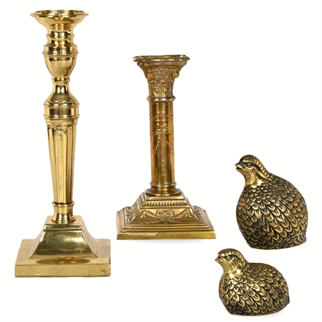 Vintage Cast Brass Décor – Quail Sculptures & Antique Candlesticks