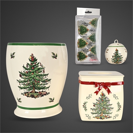 Spode Christmas Tree Bath Ensemble – Hooks, Votive, Tissue & Wastebasket