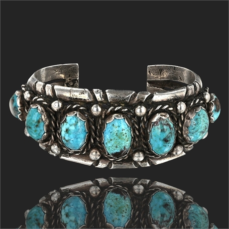 Vintage Navajo Sterling Silver Turquoise Cuff – 7 Natural Stones, 102.7g