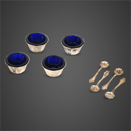 Sterling Silver Salt Cellars, Cobalt Blue Glass Liners & Spoons — Set of 4