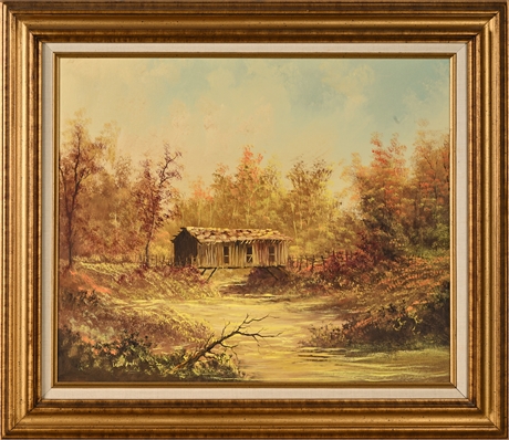 Lester Hughes Oil Painting – Rustic Covered Bridge Scene