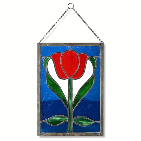 Art Nouveau-Style Tulip Stained Glass Panel — Red, Blue & Green