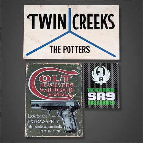 Rustic & Firearm Advertising Sign Lot – Colt Revolvers, Ruger SR9, Twin Creeks