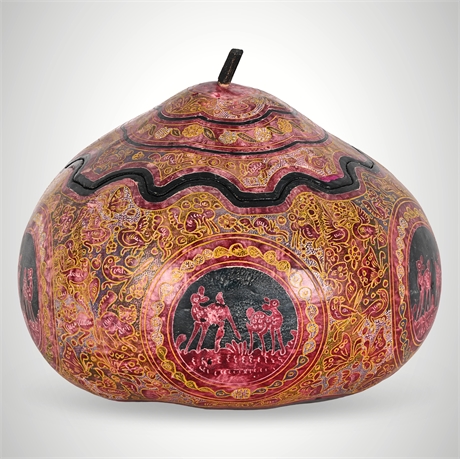 Hand-Carved & Painted Peruvian Gourd Box with Lid, 9"x10"