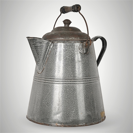 Antique Gray Enamelware Coffee Boiler — Wood Handle, c.1900s