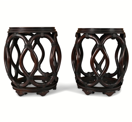 Pair of George Zee Hong Kong Carved Hardwood Stools — Lattice Drum Form