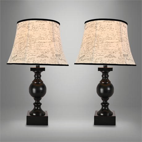 Pair of Black Ball-Turned Table Lamps with French Script Linen Shades