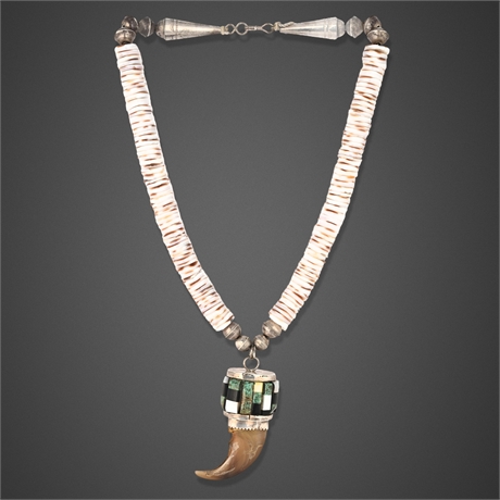 Santo Domingo Sterling Silver Heishi Necklace with Inlay and Claw Pendant