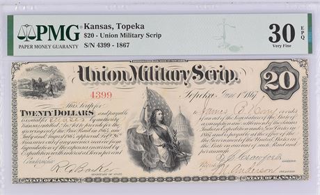 1867 $20 Union Military Scrip Topeka Kansas PMG 30 EPQ